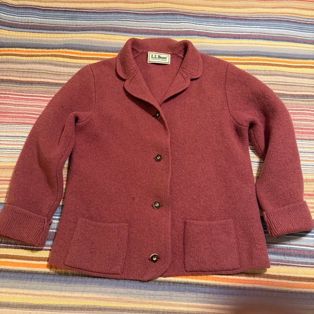 Vintage LL Bean Wool Cardigan‎ Sweater Mauve Pink Button Front Pocket Womens 14